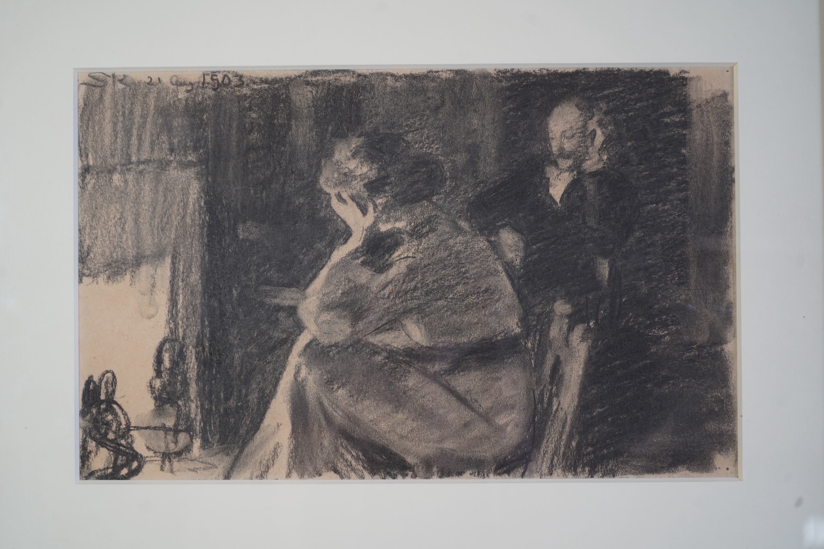 Christian Krøhg, Norwegian 1852–1925, Two figures beside a fireplace in an interior
